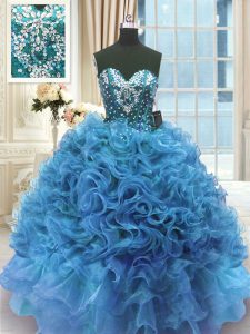 Fantastic Blue Sweetheart Lace Up Beading and Ruffles Ball Gown Prom Dress Sleeveless