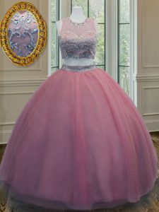Ruffled Scoop Sleeveless Zipper Ball Gown Prom Dress Pink Tulle