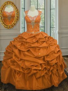 Straps Floor Length Orange 15th Birthday Dress Taffeta Sleeveless Beading and Pick Ups