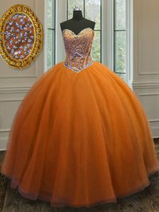 Hot Sale Orange Sleeveless Floor Length Beading Lace Up Sweet 16 Quinceanera Dress