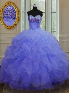 Purple Lace Up Sweetheart Beading and Ruffles Ball Gown Prom Dress Organza Sleeveless