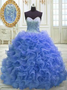 Blue Sleeveless Beading and Ruffles Lace Up Sweet 16 Quinceanera Dress
