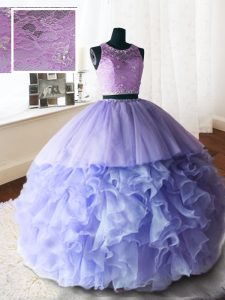 Inexpensive Scoop Lavender Sleeveless Brush Train Beading and Lace and Ruffles With Train 15 Quinceanera Dress