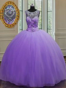 Designer Scoop Lavender Ball Gowns Beading 15th Birthday Dress Lace Up Tulle Sleeveless Floor Length