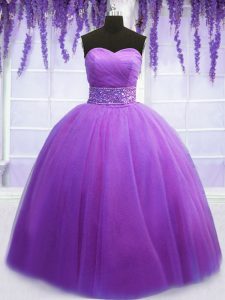Purple Ball Gowns Belt Quinceanera Gowns Lace Up Tulle Sleeveless Floor Length