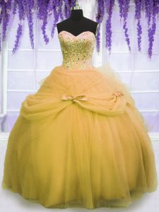 Decent Floor Length Gold Quinceanera Gowns Tulle Sleeveless Beading and Bowknot