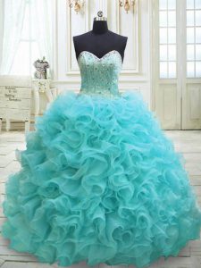 Sumptuous Aqua Blue Sleeveless Organza Sweep Train Lace Up Quinceanera Dress for Military Ball and Sweet 16 and Quincean