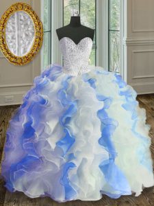 Floor Length Lace Up Ball Gown Prom Dress White and Blue for Military Ball and Sweet 16 and Quinceanera with Beading and