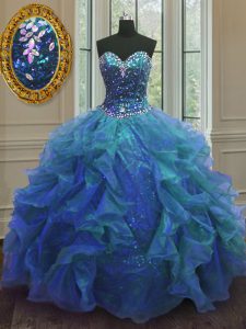 Blue Ball Gowns Beading and Ruffles Quinceanera Dresses Lace Up Organza and Sequined Sleeveless Floor Length