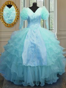 Long Sleeves Embroidery and Ruffled Layers Zipper Ball Gown Prom Dress