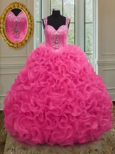 Hot Pink Organza Zipper Straps Sleeveless Floor Length Quinceanera Dress Beading and Ruffles