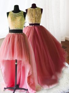 Sweet Three Piece Watermelon Red Ball Gowns Scoop Sleeveless Organza and Tulle and Lace With Brush Train Zipper Beading 