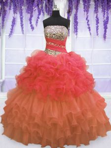 Custom Design Pick Ups Ruffled Strapless Sleeveless Lace Up Sweet 16 Dresses Multi-color Organza