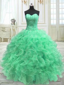 Flare Green Ball Gowns Beading and Ruffles Quinceanera Gown Lace Up Organza Sleeveless Floor Length