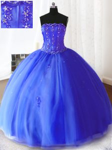 Classical Strapless Sleeveless Tulle 15 Quinceanera Dress Beading and Appliques Lace Up