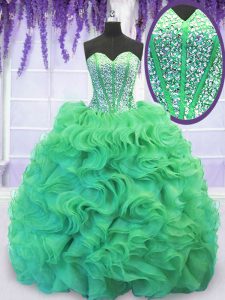Brush Train Ball Gowns 15 Quinceanera Dress Turquoise Sweetheart Organza Sleeveless With Train Lace Up