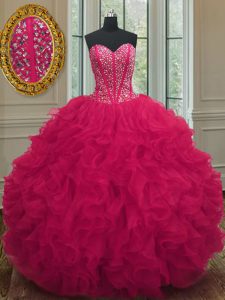 Ideal Coral Red Sweetheart Lace Up Beading and Ruffles 15 Quinceanera Dress Sleeveless