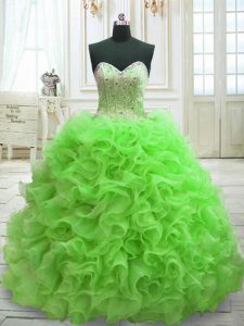 Sleeveless Organza Sweep Train Lace Up 15th Birthday Dress in with Beading and Ruffles