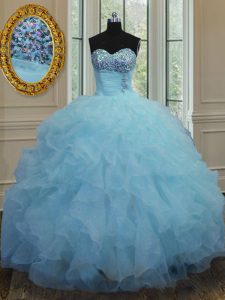 Ideal Floor Length Lace Up Quinceanera Gowns Baby Blue for Military Ball and Sweet 16 and Quinceanera with Beading and R