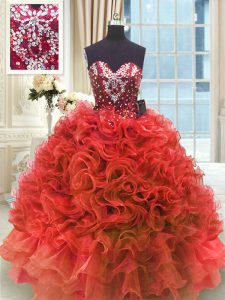 Deluxe Wine Red Ball Gowns Beading and Ruffles Quince Ball Gowns Lace Up Organza Sleeveless Floor Length