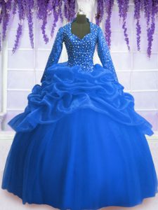 Glamorous Blue Ball Gowns V-neck Long Sleeves Organza Floor Length Zipper Sequins and Pick Ups Sweet 16 Dress