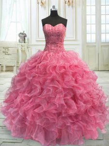 Super Rose Pink Sleeveless Organza Lace Up 15th Birthday Dress for Military Ball and Sweet 16 and Quinceanera