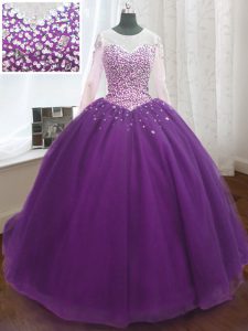 Purple Ball Gowns Scoop Long Sleeves Organza Sweep Train Lace Up Beading and Sequins Quinceanera Dress