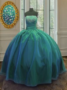 Floor Length Lace Up Quinceanera Gown Teal for Military Ball and Sweet 16 and Quinceanera with Sequins