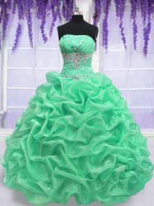 Discount Apple Green Lace Up Strapless Beading Sweet 16 Dress Organza Sleeveless