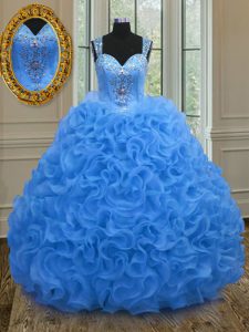 Straps Sleeveless Floor Length Beading and Ruffles Zipper Sweet 16 Quinceanera Dress with Blue