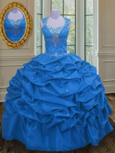 Discount Straps Beading and Pick Ups Ball Gown Prom Dress Blue Lace Up Sleeveless Floor Length