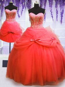 Custom Fit Three Piece Sleeveless Floor Length Beading and Bowknot Lace Up Quinceanera Dresses with Coral Red