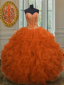 Attractive Orange Red Lace Up Quinceanera Gowns Beading and Ruffles Sleeveless Floor Length