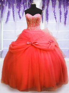 Gorgeous Coral Red Sleeveless Beading and Bowknot Floor Length Quinceanera Gown