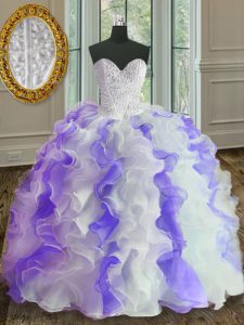 White and Purple Sleeveless Organza Lace Up 15 Quinceanera Dress for Military Ball and Sweet 16 and Quinceanera