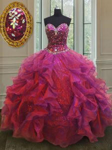 Simple Organza and Sequined Sweetheart Sleeveless Lace Up Beading and Ruffles Vestidos de Quinceanera in Multi-color