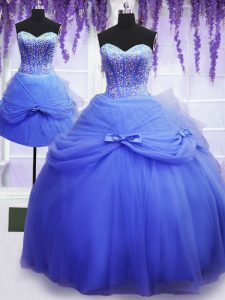 Free and Easy Three Piece Blue Tulle Lace Up Sweet 16 Dresses Sleeveless Floor Length Beading and Bowknot