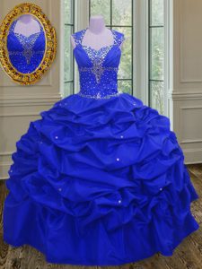 Charming Straps Royal Blue Taffeta Lace Up Sweet 16 Dress Sleeveless Floor Length Beading and Pick Ups