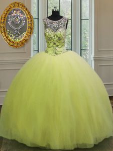 Tulle Sweetheart Sleeveless Lace Up Beading Quinceanera Gown in Yellow Green