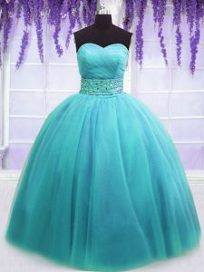 Blue Sweetheart Neckline Belt Ball Gown Prom Dress Sleeveless Lace Up