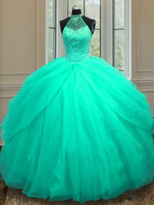 Halter Top Turquoise Lace Up 15 Quinceanera Dress Beading and Sequins Sleeveless Floor Length