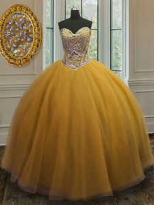 Sleeveless Floor Length Beading Lace Up Quinceanera Dress with Gold