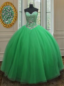 Fabulous Green Ball Gowns Beading Sweet 16 Dresses Lace Up Tulle Sleeveless Floor Length