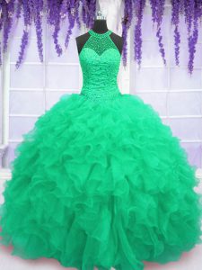 Sleeveless Organza Floor Length Lace Up Quinceanera Gowns in Turquoise with Beading and Ruffles