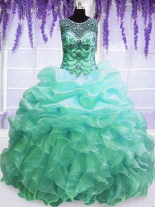 Turquoise Scoop Lace Up Beading and Pick Ups Quince Ball Gowns Sleeveless