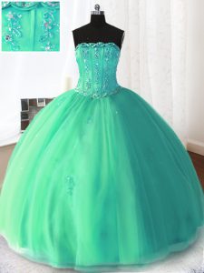 Turquoise Tulle Lace Up Vestidos de Quinceanera Sleeveless Floor Length Beading and Appliques