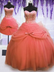 Three Piece Sweetheart Sleeveless Tulle 15 Quinceanera Dress Beading and Bowknot Lace Up