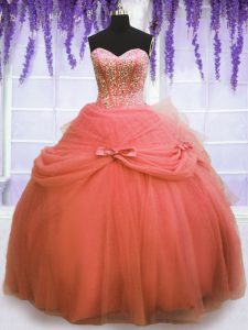 Glamorous Watermelon Red Ball Gowns Sweetheart Sleeveless Tulle Floor Length Lace Up Beading and Bowknot Vestidos de Qui
