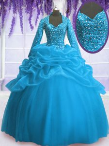 Baby Blue V-neck Neckline Sequins and Pick Ups Quinceanera Dresses Long Sleeves Zipper
