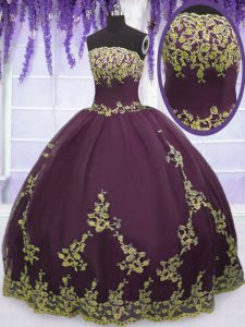 Cheap Floor Length Zipper Quince Ball Gowns Purple for Military Ball and Sweet 16 and Quinceanera with Appliques